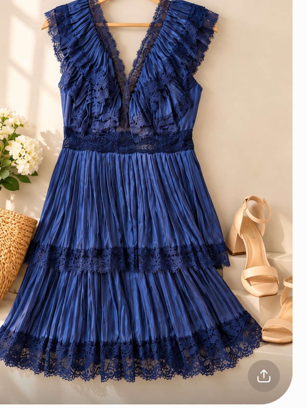 Alice + Olivia Royal Blue Lace-Trim Pleated Midi Dress